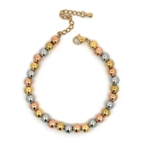 PULSEIRA BOLAS 3 CORES ROSE/INOX/GOLD 16cm + 4cm Ext - 6mm