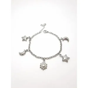 PULSEIRA C/ PINGENTES ESTRELA/SOL/LUA INOX 17cm + 3cm Ext
