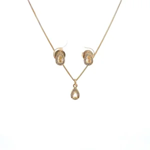 CONJUNTO CRISTAL CITRINO GOTA CRAVEJADO FOLHEADO 45cm/5,5mm