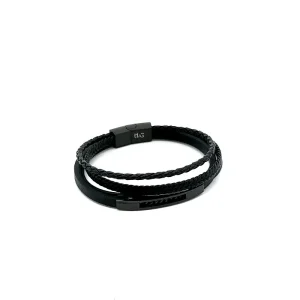 PULSEIRA COURO MASCULINA INOX BLACK 21cm