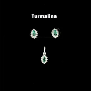 CONJUNTO TURMALINA OVAL DE PRATA S/ CORRENTE