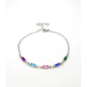 PULSEIRA C/ CRISTAIS RETANGULAR MULTICOLORIDO INOX 17cm + 3cm Ex
