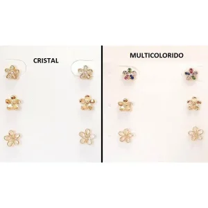 TRIO DE BRINCOS FLOR CRISTAL ZIRCONIA/LISO/ABERTO FOLHEADO 5mm