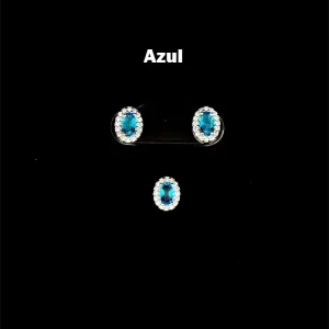 CONJUNTO OVAL AZUL DE PRATA S/ CORRENTE