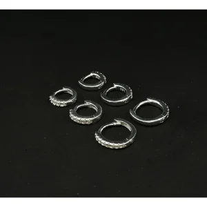 TRIO DE BRINCOS ARGOLA CLICK CRAVEJADO DE PRATA 8, 10 e 12mm