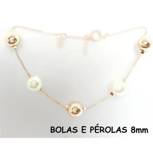 PULSEIRA C/3 BOLAS E 2 PEROLAS DE 8 mm FOLHEADO