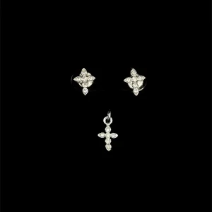 CONJUNTO S/ CORRENTE CRUZ C/ CRISTAIS DE PRATA 6,6mm