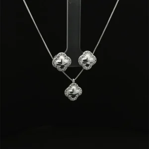 CONJUNTO TREVO C/ ZIRCONIAS DE PRATA 45cm/11mm