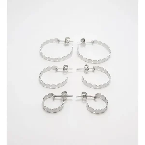 TRIO DE BRINCOS INOX ARGOLA BOLINHAS ACHATADAS 13, 18 e 24mm