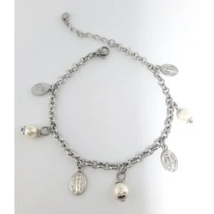 PULSEIRA DE ACO INOX C/MEDALHAS NSRA GRACAS E PEROLAS