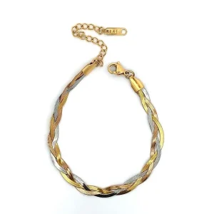 PULSEIRA ENTRELAÇADA TRICOLOR GOLD/ROSE/SILVER INOX 17cm + 5cm E