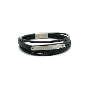 PULSEIRA MASCULINA COURO BLACK INOX 21cm
