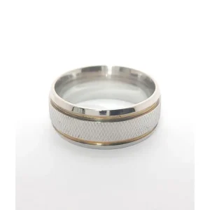 ALIANCA DE ACO INOX GROSSA RECARTILHADO C/2 FILETES DE OURO