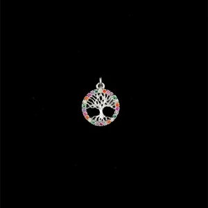 PINGENTE ARVORE DA VIDA CRAVEJADA COLORIDA DE PRATA 13mm