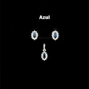 CONJUNTO AZUL OVAL DE PRATA S/ CORRENTE