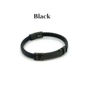 PULSEIRA COURO MASCULINA INOX BLACK 21cm