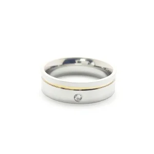 ALIANCA INOX 6MM RETA C/1 FIO DE OURO E ZIRCONIA