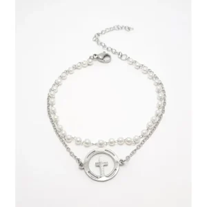 PULSEIRA C/ PEROLAS E PINGENTE CRUZ INOX 18cm