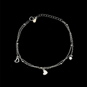 PULSEIRA DUPLA CORACOES DE PRATA C/ RODIO 17cm + 3cm Ext