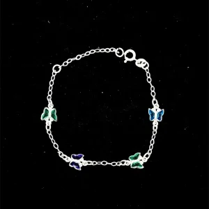 PULSEIRA INFANTIL BORBOLETAS COLORIDAS DE PRATA 13cm + 3cm Ext