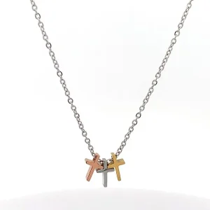 GARGANTILHA 3 CRUZ TRICOLOR SILVER/GOLD/ROSE INOX 45cm + 5cm Ext