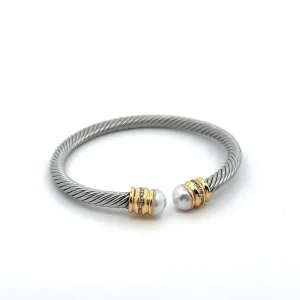 PULSEIRA BRACELETE TORCIDO MISTO C/ PEROLAS INOX