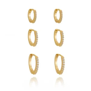 TRIO DE BRINCOS ARGOLA CLICK C/ZIRCONIA FOLHEADO 8, 12 e 14mm