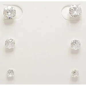 TRIO DE BRINCOS DE PRATA ZIRCONIAS REDONDAS 4, 5 e 6mm