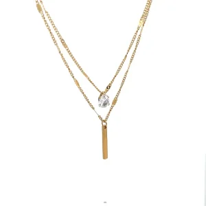 GARGANTILHA CORRENTE DUPLA CRISTAL GOTA INOX GOLD 45cm