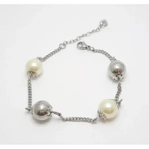 PULSEIRA C/ BOLAS INOX E PEROLA 17cm/10mm