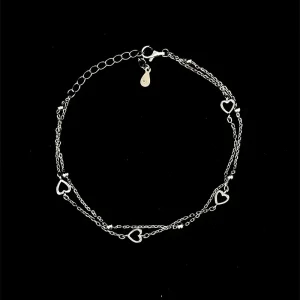 PULSEIRA DUPLA CORACOES DE PRATA C/ RODIO 17cm + 3cm Ext