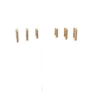 TRIO DE BRINCOS RETANGULAR CRAVEJADO FOLHEADO 9, 10 e 11mm