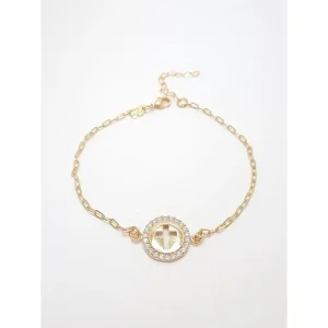 PULSEIRA C/ PINGENTE CRUZ VAZADA CRAVEJADA FOLHEADO 17cm + 3cm E