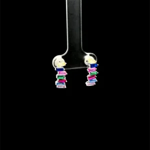 BRINCO RETANGULAR CRISTAIS COLORIDOS DE PRATA 6,4mm