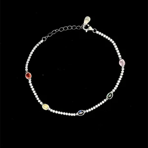 PULSEIRA CRISTAIS OVAIS COLORIDOS DE PRATA C/ RODIO 17+3cm Ext