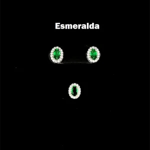 CONJUNTO OVAL ESMERALDA DE PRATA S/ CORRENTE