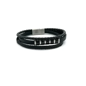 PULSEIRA MASCULINA COURO BLACK INOX 21cm