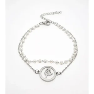 PULSEIRA C/ PEROLAS E PINGENTE FLOR INOX