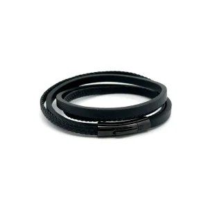 PULSEIRA MASCULINA COURO BLACK INOX 21cm