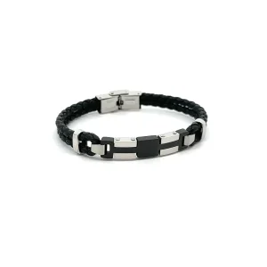 PULSEIRA MASCULINA COURO BLACK INOX 21cm