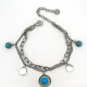 PULSEIRA DUPLA ELO PINGENTES OLHO GREGO INOX 17cm + 5cm Ext