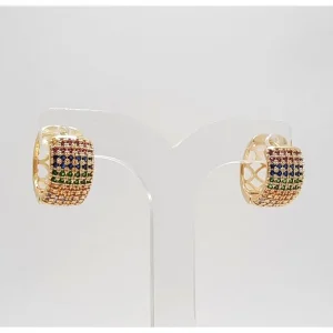 BRINCO ARGOLA CLICK C/ 6 FILEIRAS CRISTAIS COLORS FOLHEADO 15mm
