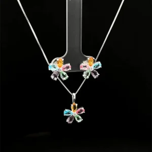 CONJUNTO FLOR CRISTAIS COLORIDOS DE PRATA 45cm/12mm
