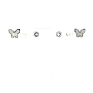 TRIO DE BRINCOS BORBOLETA/PEROLA/P DE LUZ INOX 6, 5 e 11mm