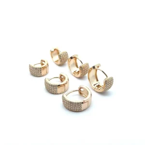TRIO DE BRINCOS ARGOLA CLICK CRAVEJADO FOLHEADO 12, 14 e 16mm