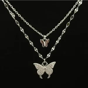 GARGANTILHA BORBOLETA CORRENTE DUPLA DE PRATA 40cm + 5cm Ext