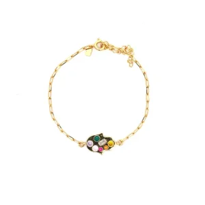 PULSEIRA MAO DE FATIMA C/CRISTAIS COLOR FOLHEADA 17cm + 5cm Ext