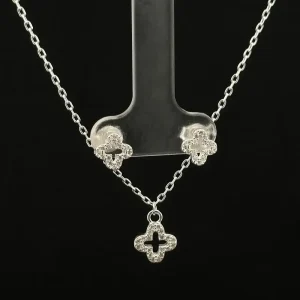 CONJUNTO TREVO ABERTO CRAVEJADO DE PRATA 40cm + 5cm Ext