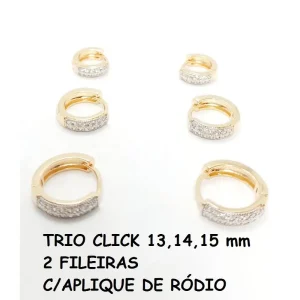 TRIO DE BRINCOS ARGOLA CLICK C/ RODIO 13, 14 e 15mm FOLHEADO