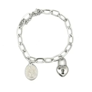 PULSEIRA ELO C CORACAO CADEADO NSRA DAS GRAÇAS INOX 18cm+3cm Ext
